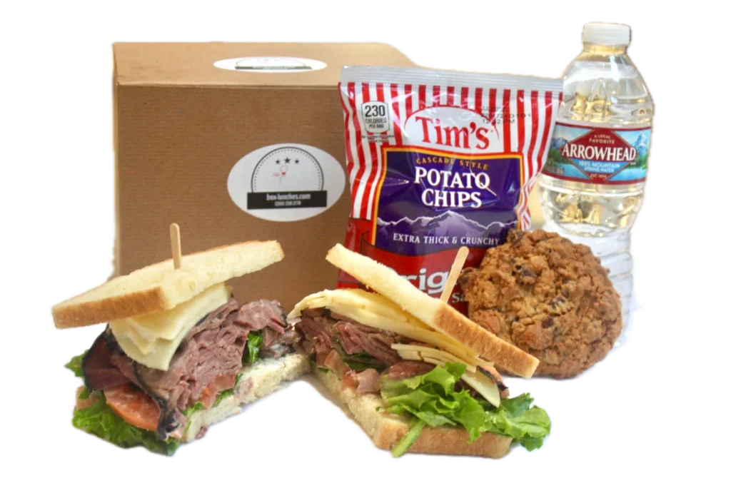 Roast beef sandwich from box lunches Seattle. Comes with a water, cookie, and chips.