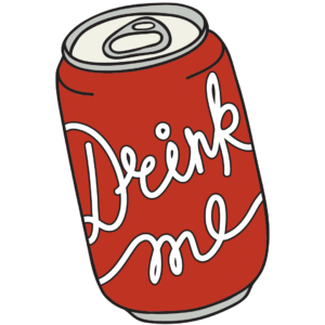 Illustration of a can with the words, "Drink Me", written in cursive